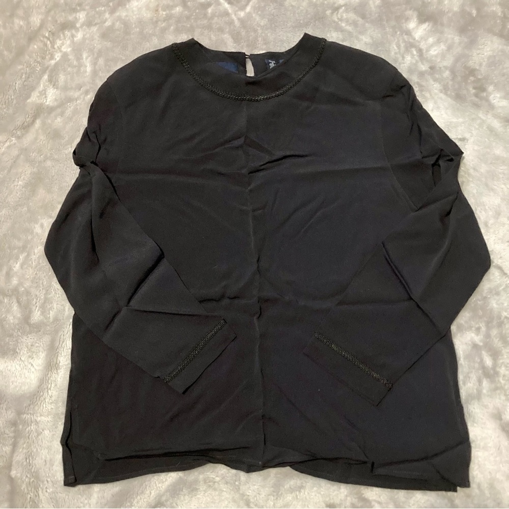 Lizsport Petite Vintage Black Blouse Braided Trim Long Sleeve SP Liz Claiborne